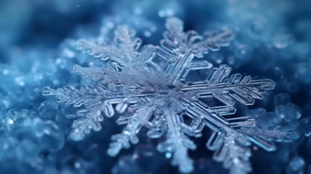 A stunning close-up shot of a single snowflake against a cool blue backdrop.の写真素材