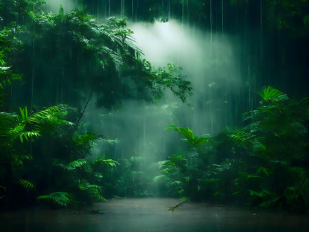 Mystical rainforest scene with heavy rainfall and lush greenery, creating a serene and tranquil atmosphere.の写真素材