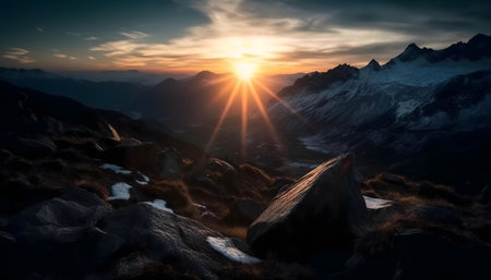 Stunning sunset view from a rocky mountain top, overlooking snow-capped peaks.