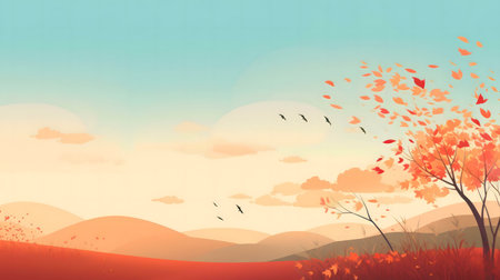 Serene autumn sunset over rolling hills with vibrant foliage.の写真素材