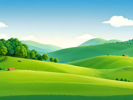 A picturesque summer countryside scene with rolling green hills, lush meadows, and a charming farmhouse under a clear blue sky.の写真素材