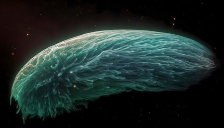 A mesmerizing cosmic entity floats in the dark expansion of space. Its ethereal glow captivates.