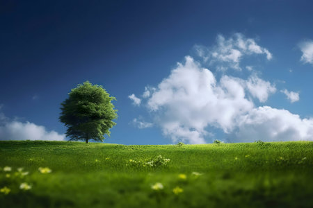 A lone tree stands in a vibrant green field against a backdrop of a clear blue sky with fluffy white...