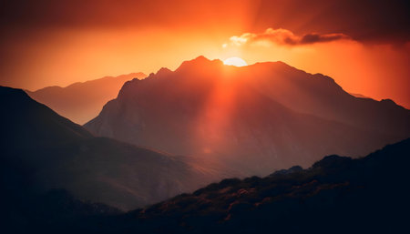 Stunning sunset painting the mountains in fiery hues.の写真素材