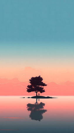 A lone tree stands on a small island, its reflection mirroring in the still lake water at sunset.の写真素材