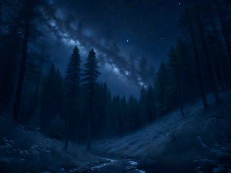 A mystical night scene in a forest, with a starry sky and a calm creek.の写真素材