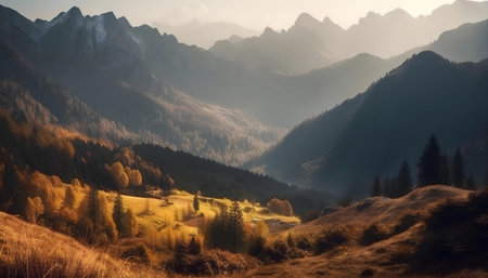 Majestic mountain range in autumn. Golden sunlight bathes hills and valleys.の写真素材