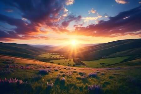 Stunning sunset over rolling green hills, vibrant wildflowers, and a peaceful valley.の写真素材