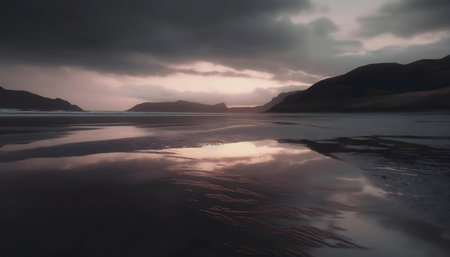 Sunset over a serene beach with mountain reflections.