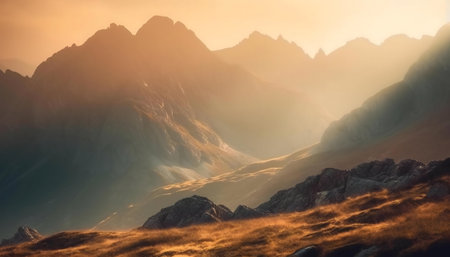 Sunrise illuminates a breathtaking mountain range. Golden light bathes the peaks.の写真素材