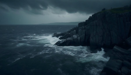 Dramatic ocean waves crash against rugged coastal cliffs under a dark, stormy sky. Intense, moody atmosphere.の写真素材