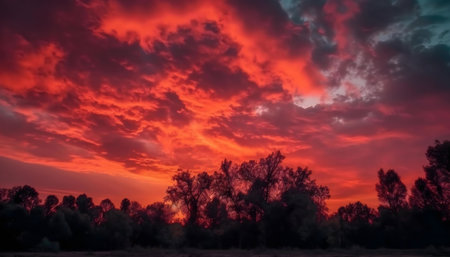 Stunning fiery sunset painting the sky with vibrant red and orange hues, silhouetted trees in the foreground.の写真素材