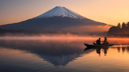 Two people row a boat on a misty lake with Mount Fuji reflecting in the water at sunrise.の写真素材