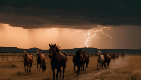 Herd of horses galloping across a field during an intense thunderstorm.の写真素材