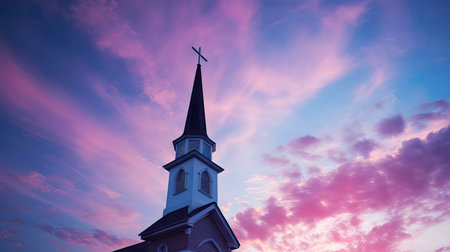 A church steeple silhouetted against a vibrant pink and purple sunset sky. Peaceful and inspiring.の写真素材