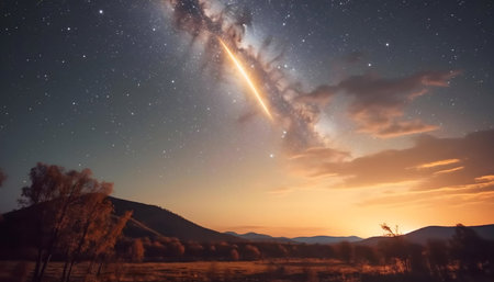Majestic Milky Way galaxy over a calm landscape at sunset. Breathtaking night sky.