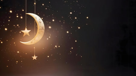 Golden crescent moon and stars hanging against a dark night sky. Magical, peaceful and serene atmosphere.の写真素材