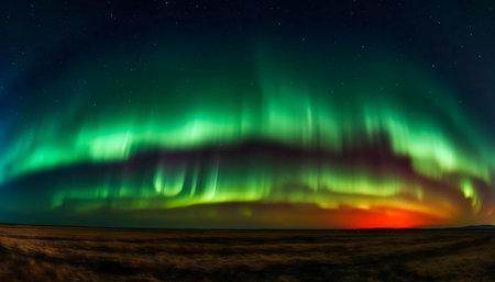Vibrant Aurora Borealis illuminating the night sky. A mesmerizing display of green and red hues.の写真素材