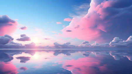 Serene ocean reflecting a stunning pink sunset and clouds.