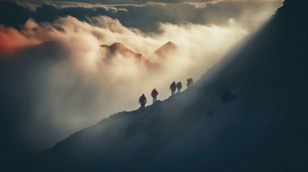 Hikers ascend a misty mountain, teamwork conquers clouds.