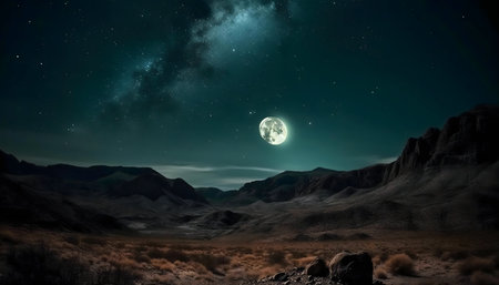 A breathtaking desert landscape at night, illuminated by a brilliant full moon and a stunning starry...