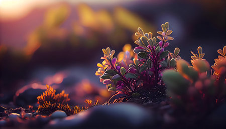 Alpine flowers bathed in the warm glow of a sunset.の写真素材