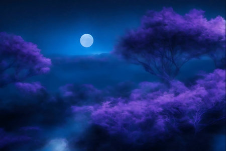 A digital painting of a forest at night, under a full moon. Purple hues dominate the scene.の写真素材