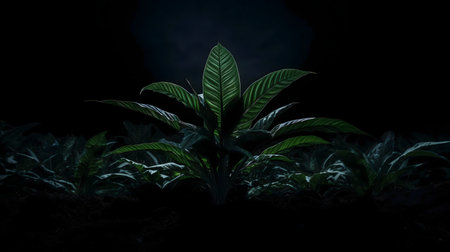 A single plant stands out in the dark, surrounded by lush foliage.の写真素材