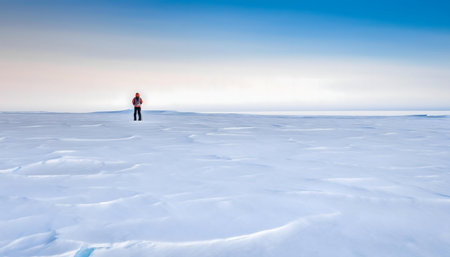 A person stands alone on a snow-covered plain, gazing at a distant horizon. The scene evokes a...