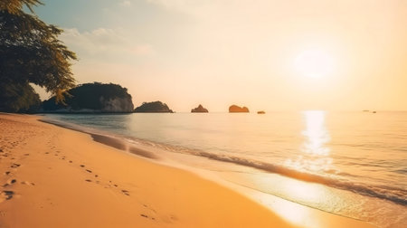 Tranquil sunset over a pristine beach. Golden light bathes the sand and sea.の写真素材