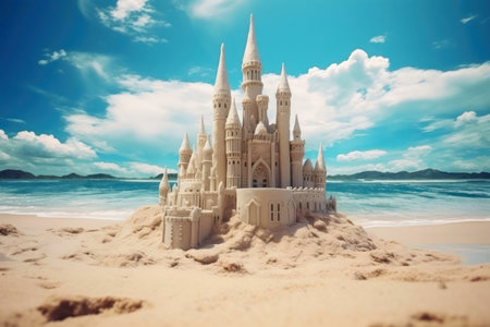 A magnificent sandcastle stands proudly on a beach, overlooking a tranquil ocean under a bright summer sky.の写真素材