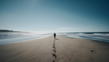 A lone figure walks along a tranquil beach, leaving footprints in the sand. The serene ocean stretches towards the horizon under a clear blue sky.の写真素材