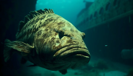 A massive grouper swims near a sunken ship in deep ocean waters.の写真素材
