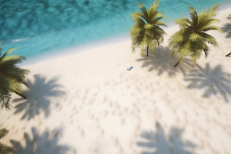 Stunning aerial view of a tropical beach with palm trees casting shadows on the white sand. The turquoise ocean adds to the serene atmosphere.の写真素材