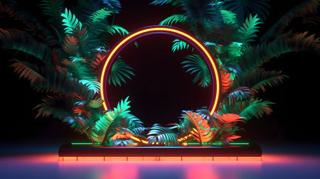 Lush tropical leaves surround a vibrant neon circle in a 3D render.の写真素材
