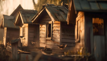 Rustic birdhouses bathed in the golden light of sunset. A peaceful scene of nature.の写真素材