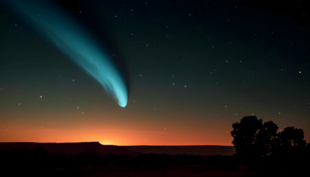 Comet Leonard streaks across the night sky, a vibrant teal against the fiery sunset horizon.