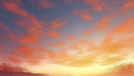 Stunning sunset with birds silhouetted against fiery clouds.の写真素材