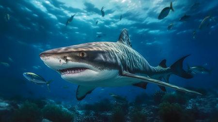 A majestic tiger shark swims gracefully through a vibrant coral reef, surrounded by smaller fish.の写真素材