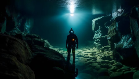 A lone diver explores a mysterious underwater cave, bathed in an ethereal light.の写真素材
