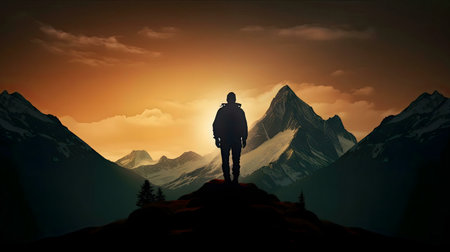 Silhouette of a hiker admiring a breathtaking sunset over majestic mountains.の写真素材