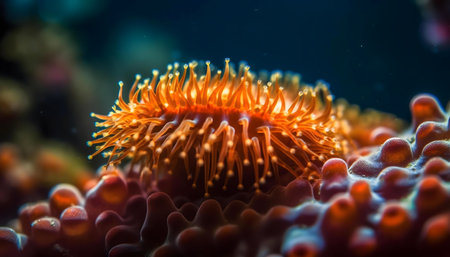 Close-up of a stunning orange sea anemone among vibrant coral