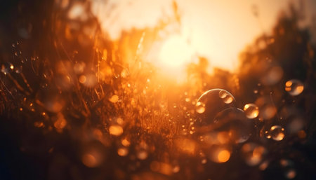 Dew-kissed grass at sunset, warm lightの写真素材