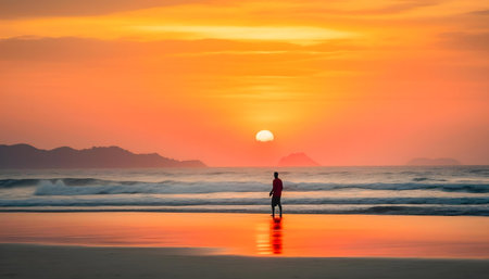 A lone figure walks along a beach at sunset, the ocean reflecting the fiery colors of the sky.の写真素材