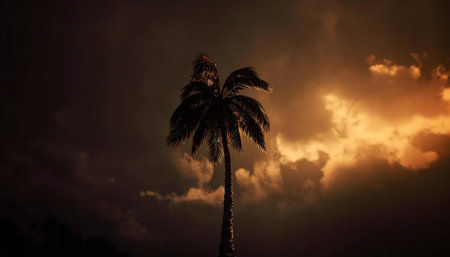 A solitary palm tree stands tall against a vibrant sunset sky, creating a stunning silhouette.の写真素材