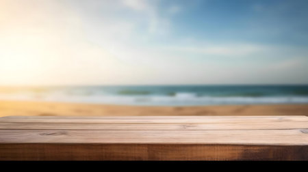 Wooden table in front of a blurry beach background