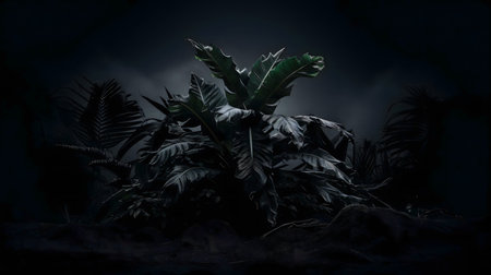 Dark tropical plants in a mysterious night setting.の写真素材