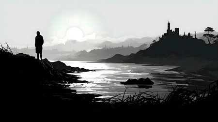 A man contemplates a distant castle at sunset, reflected in a calm lake. Monochromatic landscape.の写真素材