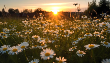 Daisies bathe in sunset's glow, nature's beauty unfolds.の写真素材