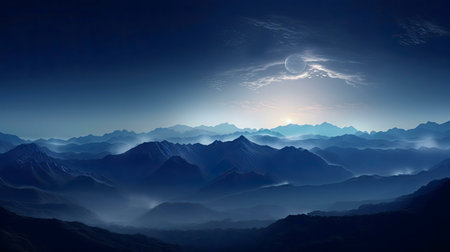 A breathtaking view of a majestic mountain range at night, bathed in a mystical blue light. A celestial body shines brightly in the dark sky.の写真素材